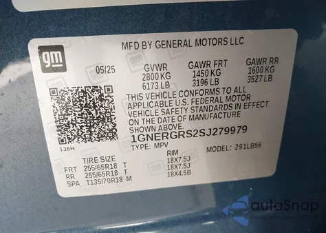 2025 Chevrolet Traverse Fwd Lt z USA, uszkodzony, nr VIN 1GNERGRS2SJ279979